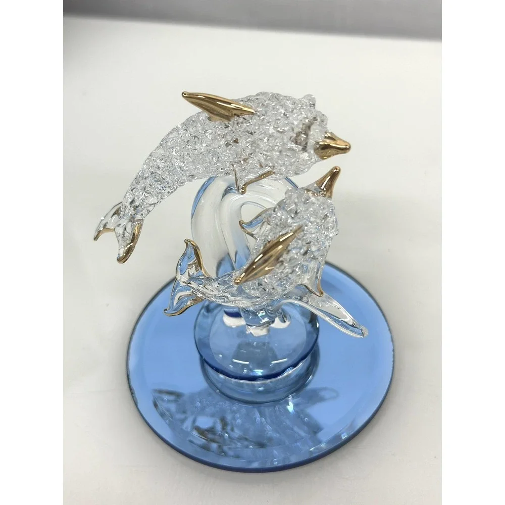 Spun Glass Dolphin Porpoise Figurine Ornament Mirror Base 24K Gold